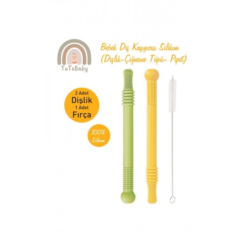 Bebek Diş Kaşıyıcısı Silikon  (Dişlik-Çiğneme Tüpü- Pipet) 2 Adet Dişlik 1 Adet Fırça