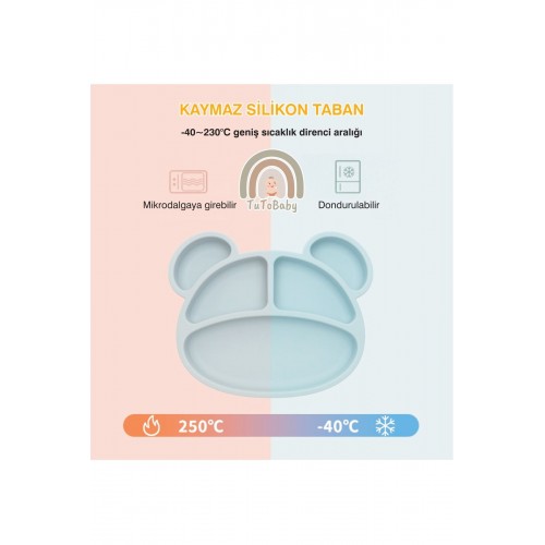 5 Parça %100 Silikon Bebek Beslenme Seti (VAKUMLU TABAK VE KASE-ÇATAL-KAŞIK-MAMA ÖNLÜĞÜ)mavi