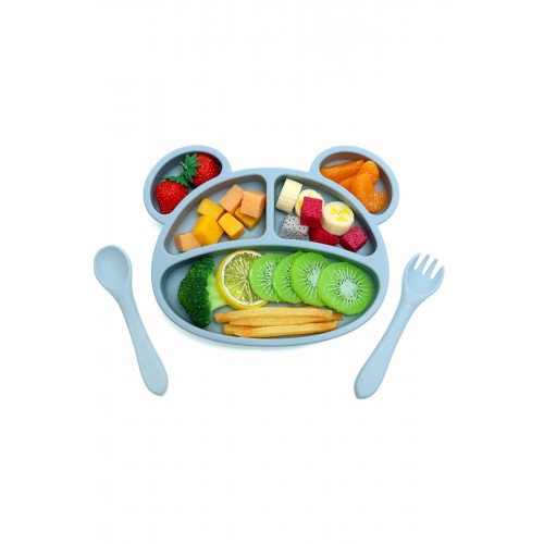 5 Parça %100 Silikon Bebek Beslenme Seti (VAKUMLU TABAK VE KASE-ÇATAL-KAŞIK-MAMA ÖNLÜĞÜ)mavi