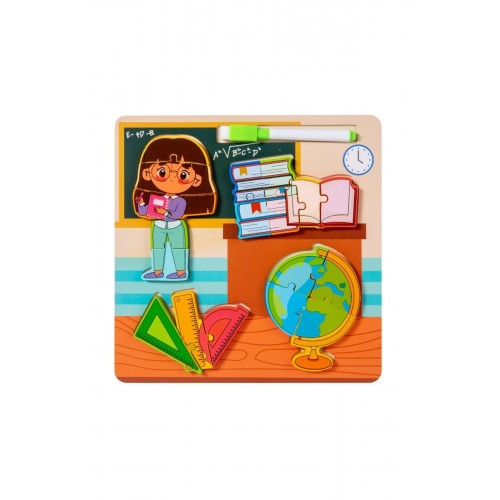Montessori Yazı Tahtalı ve Kalemli 3D Eğitici Öğretici Ahşap Meslek Puzzle Seti-ÖĞRETMEN