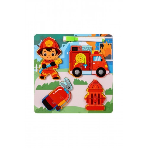 Montessori Yazı Tahtalı ve Kalemli 3D Eğitici Öğretici Ahşap Meslek Puzzle Seti-İTFAİYECİ