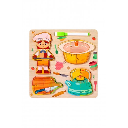 Montessori Yazı Tahtalı ve Kalemli 3D Eğitici Öğretici Ahşap Meslek Puzzle Seti-AŞÇI