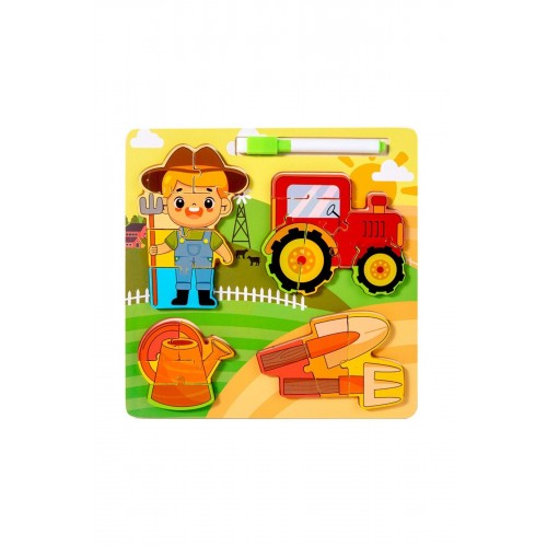Montessori Yazı Tahtalı ve Kalemli 3D Eğitici Öğretici Ahşap Meslek Puzzle Seti-ÇİFTÇİ